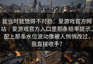 我当时就觉得不对劲：爱游戏官方网站｜爱游戏官方入口里那条赔率提示，配上那条水位波动像被人悄悄改过，我直接收手？